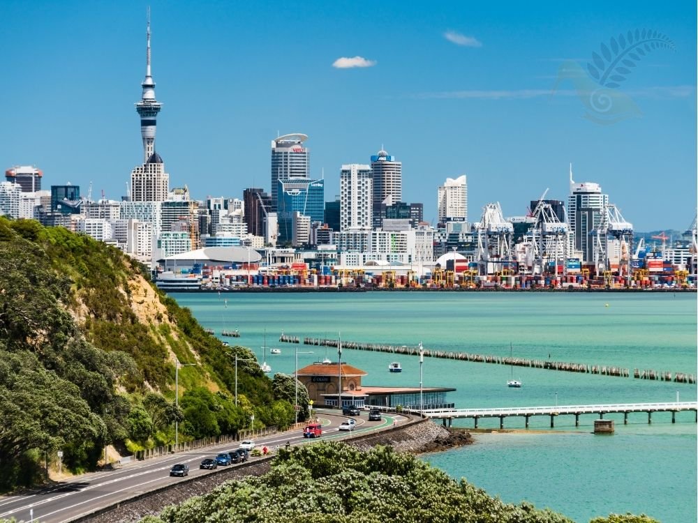 Auckland harbour and skyline at sunset